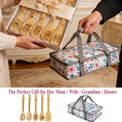 Pioneer Woman Style Insulated Casserole Carrier for Hot or Cold Food, Fits 9x13 Baking Dish,Floral Thermal Lasagna Lugger Tote with Oven Mitts and Pot Holders Set,Gift for Women, Mother's Day.3 PCS