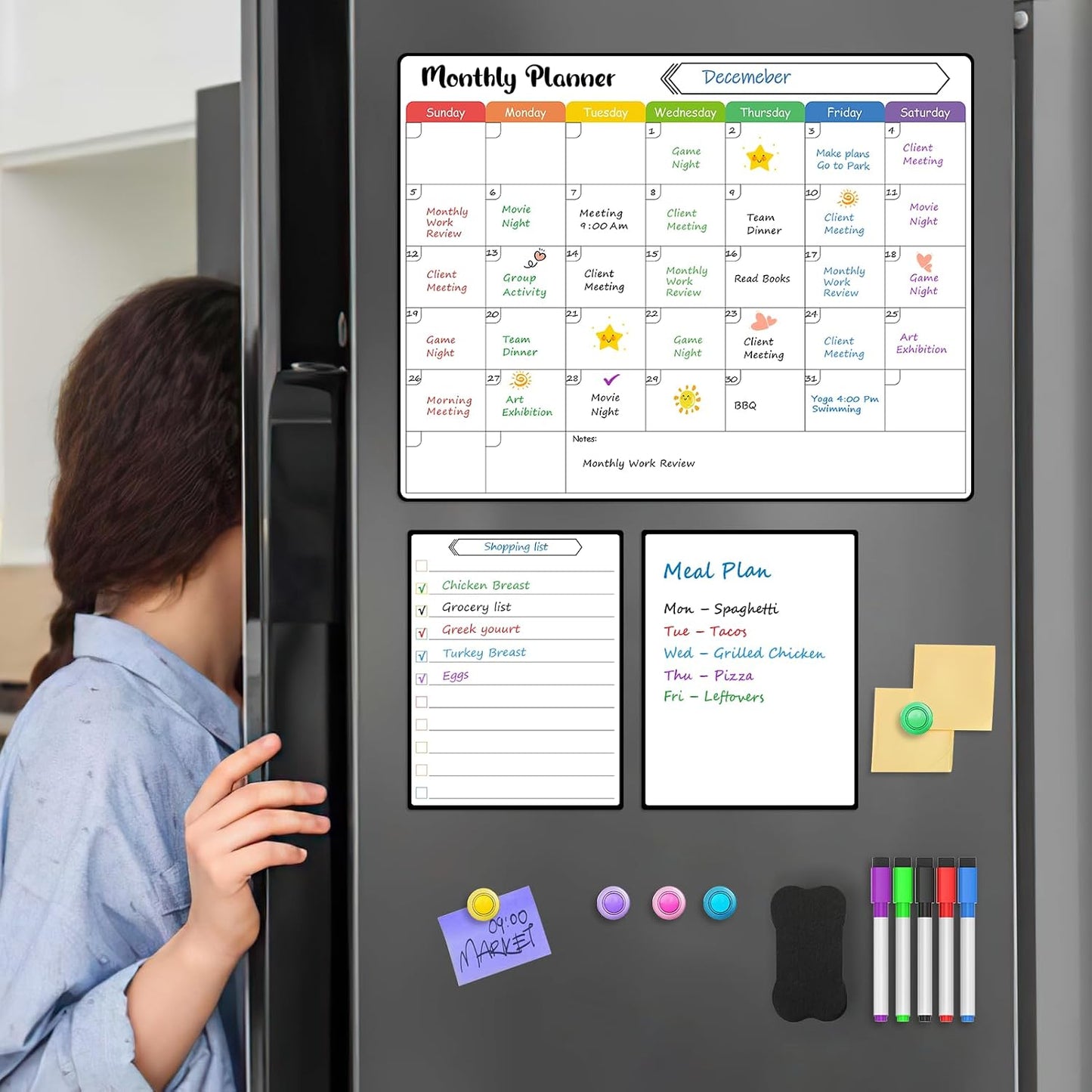MaxGear 4 Pack Magnetic Fridge Calendar Set, 15" x 11.5" Dry Erase Whiteboard Calendar for Refrigerator, Includes Monthly, Weekly, List and Small Board with 5 Markers, 1 Eraser and 5 Magnets
