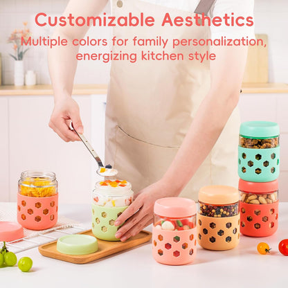Gemice 6-Pack 10oz Glass Mason Jars with Silicone Sleeves, Airtight BPA-Free Overnight Oats Containers with Lids, Dishwasher Safe Leak-Proof Meal Prep Jars for Chia Pudding, Yogurt, Snacks