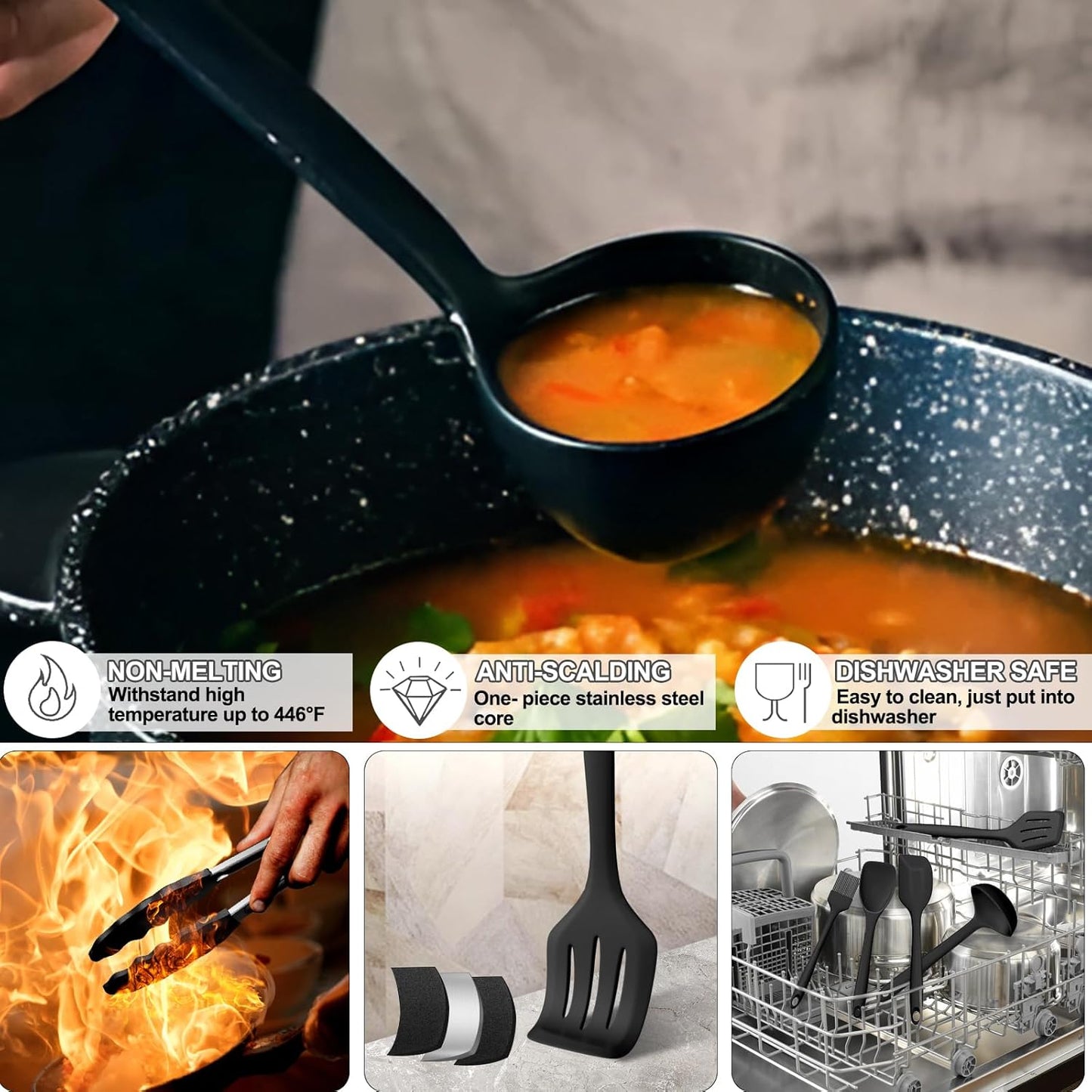 Umite Chef 22-Piece Silicone Cooking Utensils Set，Heat Resistant & Dishwasher Safe Kitchen Tools, Black Non-Scratch Spatula Set for Nonstick Cookware (Khaki)