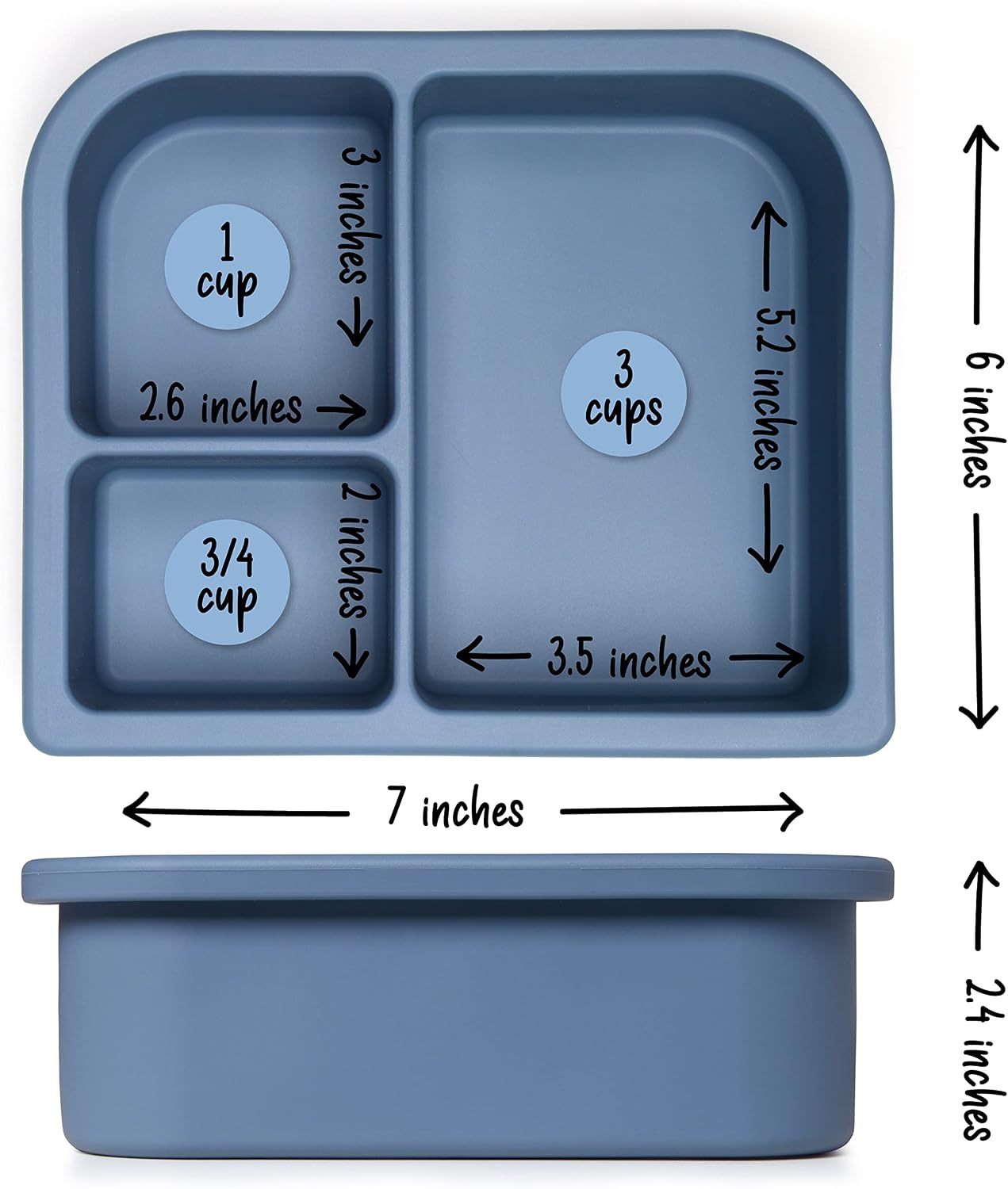 PrimaStella Unbreakable Silicone Lunch Box for Kids and Adults - Divided Leak Proof Bento Box (Slate Blue)