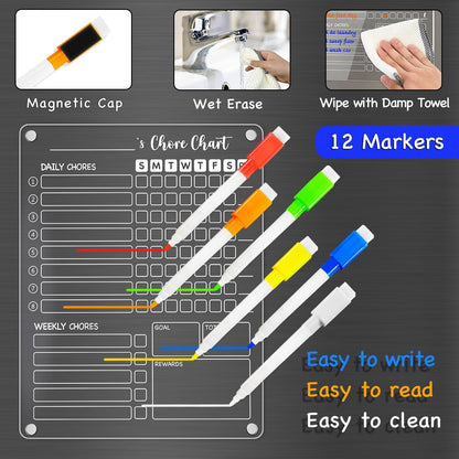 PigPotParty Acrylic Magnetic Chore Chart for Adults, 12x9.5 Inch Clear Dry Erase Chore Board for Fridge, Daily Weekly and Notes Sections, Pre-Installed Embedded Magnets, 8 Fine-tip Markers and Towel