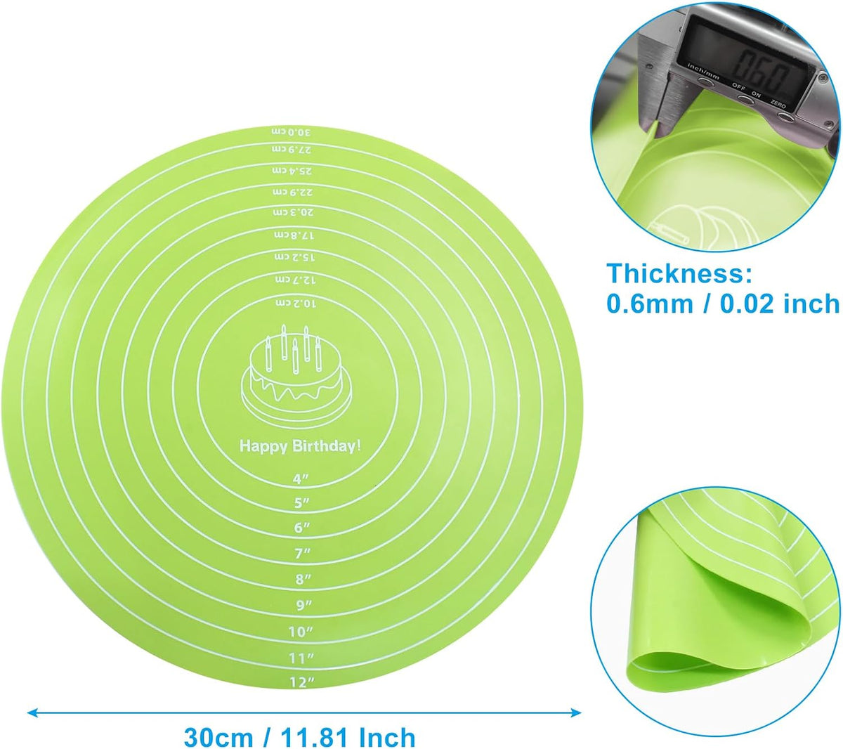 Hitefu 12 Inch Round Silicone Cake Mat, Green