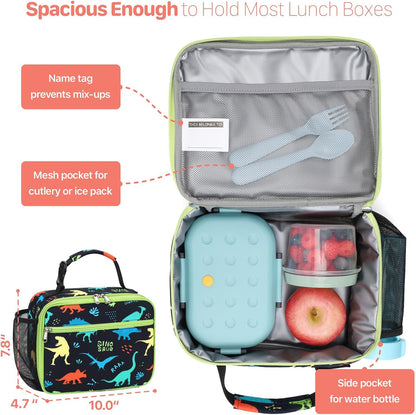 Kids Lunch Bag Boys - Insulated Kids Lunch Box Reusable Lunchbox with Water Bottle Holder Toddler Lunch Tote Bag for School Daycare, Black Dino Fossil