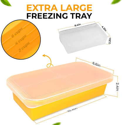 (2 Pack) Large Silicone Freezer Containers For Soup, Pasta Sauce, Leftovers, Broth & More - 6 Cup Reusable BPA Free Non Plastic Food Storage Freezing Ice Trays With Lids & Measurement Lines