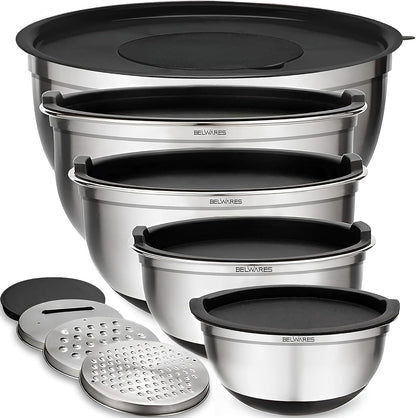 Belwares Mixing Bowls with Lids Set of 5 - Stainless Steel Mixing Bowl Set, Kitchen Nesting Metal Bowls with Non Slip Bottoms + 3 Grater Attachments, Airtight Lids, Food Prep + Storage, Matte Black