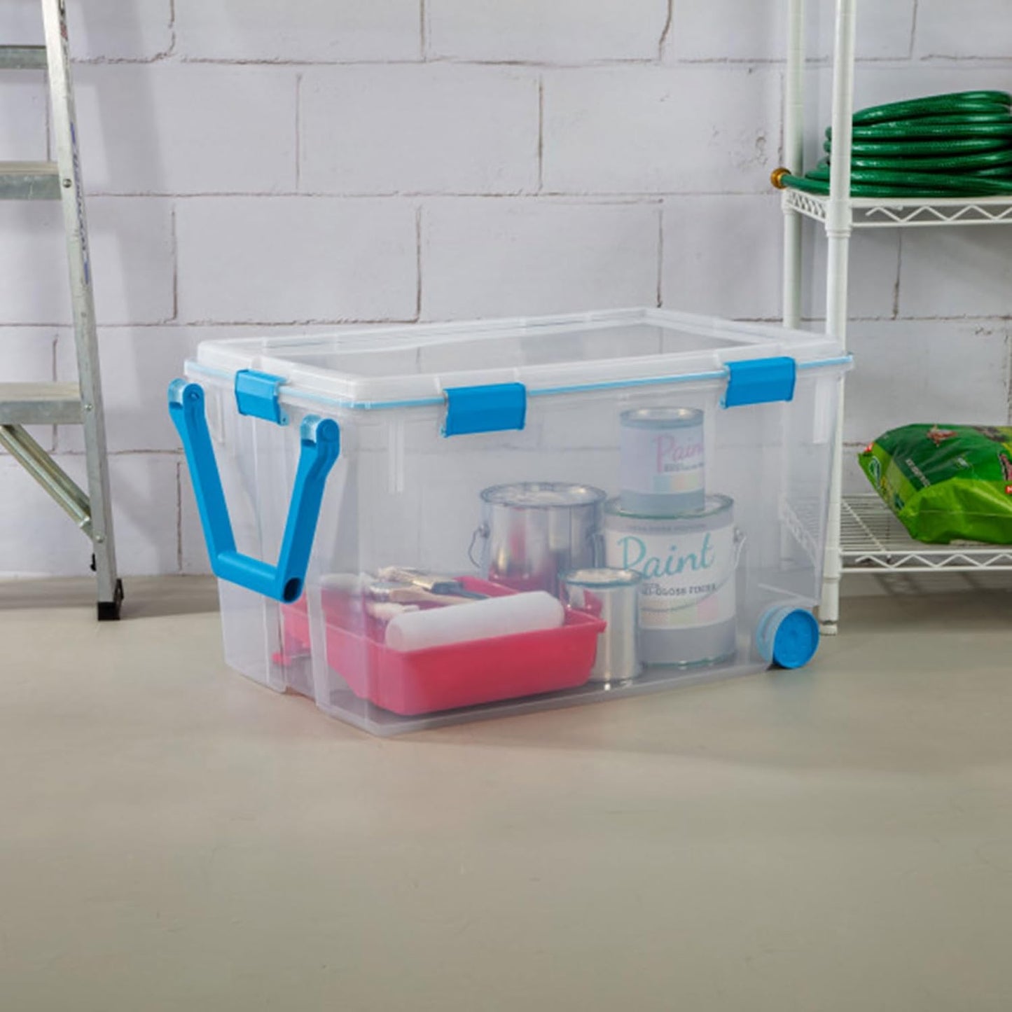 Sterilite 80 Qt Gasket Box, Stackable Storage Bin with Latching Lid and Tight Seal, Plastic Container to Organize Basement, Clear Base and Lid, 1-Pack