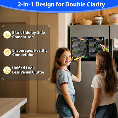 PigPotParty 2-in-1 Acrylic Magnetic Chore Chart for 2 Kids, Couples, Roommates, 15"x11" Large Dry Erase Chore Board for Fridge, Clear Weekly & Daily Reward Chart, Includes 12 Markers & Towel