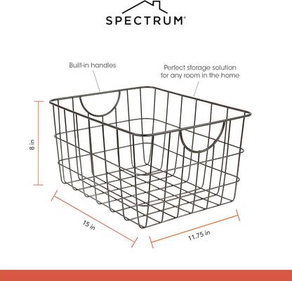 Spectrum Utility Steel Wire Storage Basket for Kitchen Pantry Organization & Closet Shelves with Easy Grip Handles, Durable Metal Basket Organizer with Open Design for Easy Viewing, Industrial Gray