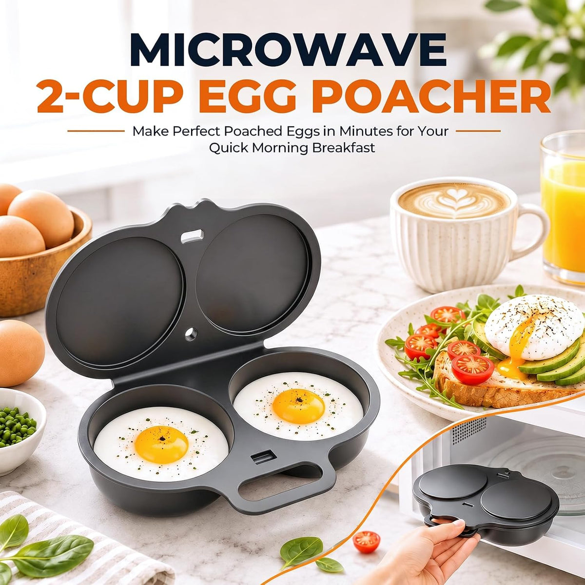 Dual Cavity Microwave Egg Poacher, White Egg Poacher, Quick Oil-Free Cooking Tool for 2 Eggs, Food-Grade PP Material, Portable Breakfast Maker with Lid and Easy-Grip Handle (Dark gray)