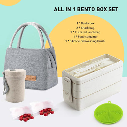 Bento Box Japanese Lunch Box Kit Leakproof Bento Lunch Box for Kids Adults Wheat Straw 3 Layer Stackable Lunch Containers with Compartment Eco-Friendly Meal Prep Containers (Beige)