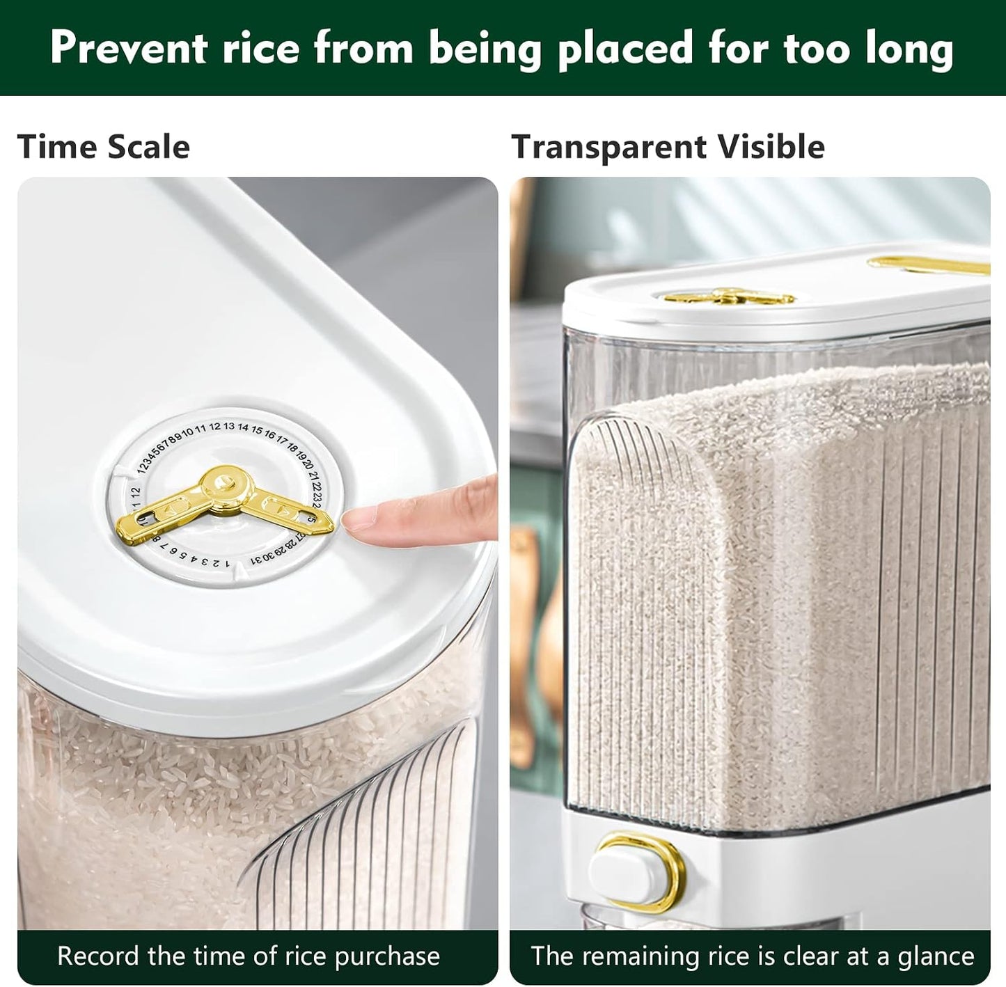 Lenwi 22-25 Lbs Rice Dispenser, Large Cereal Dry Food Storage Containers with Measuring Cup,BPA-Free Household for Kitchen Pantry Organization-Grey