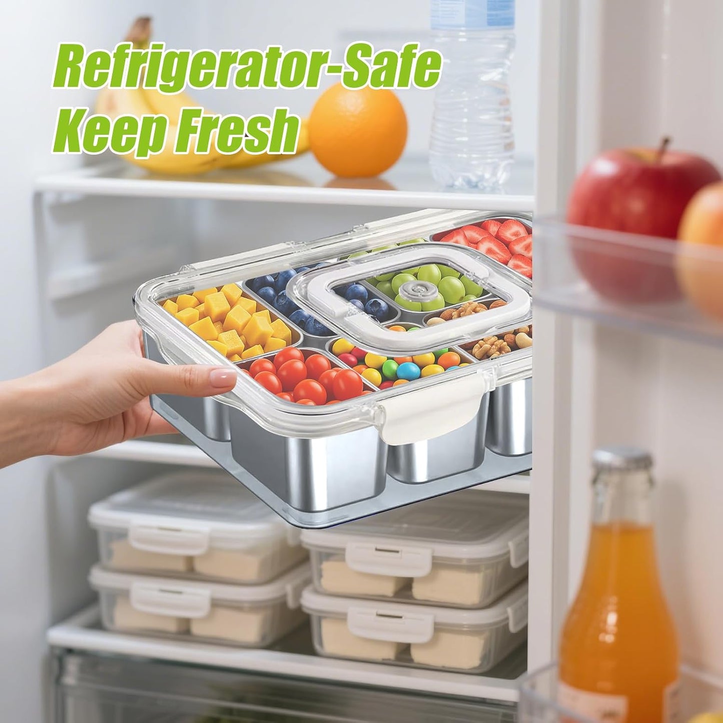 Snackle Box Container Stainless Steel - Reusable 8 Compartment Divided Serving Tray with Lid and Handle, Clear Portable Snack Containers Platters Storage Organizer for Snacks Fruit Candy Veggie Nuts
