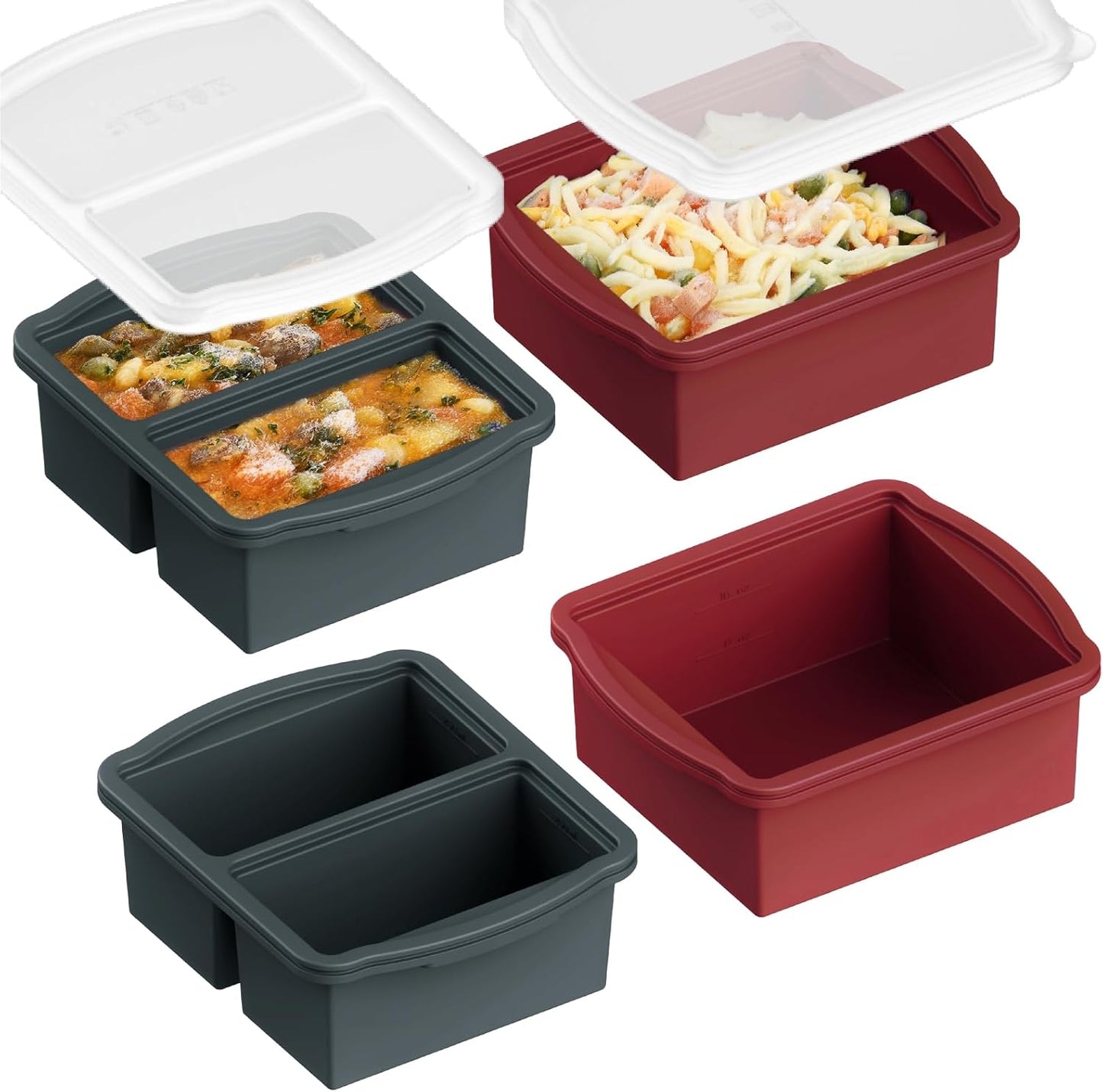ZIP STANDING Silicone Freezer Trays with Lids, Set of 4 - with 1cup and 2 cup Silicone Freezer Molds for freezing soups, sauces and individual microwave safe