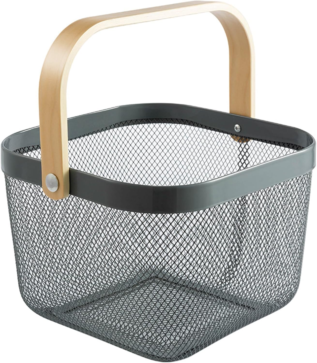 AJIODA Metal Mesh Steel Basket, Storage Organizer Basket Multi-functional Hanging Kitchen Baskets Fruit Basket Bin with Bamboo Handle for Kitchen Bathroom Picnic Shopping Decor Cabinet Home, Blue