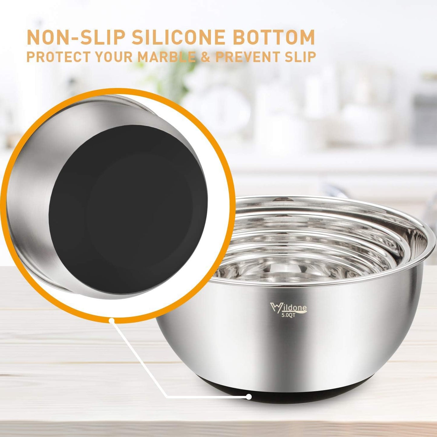 Wildone Mixing Bowls with Airtight Lids Set, 5PCS Stainless Steel Khaki Nesting Bowls for Kitchen, with Grater Attachments & Non-Slip Bottoms, Size 5, 3, 2, 1.5, 0.63 QT, Great for Mixing & Serving