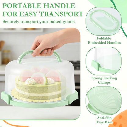 10 Inch Cake Carrier with Lid and Handle, Round Cake Container Cake Cover with 10 Inch Cake Boards & Cupcake Carrier, Portable Cake Holder with Lid for Transport Pie Nuts Fruit, Green