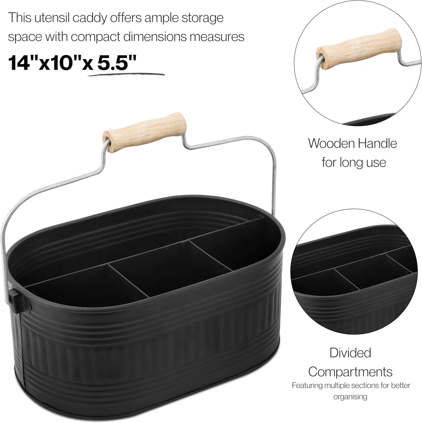 Alpha Living Home Galvanized Metal Utensil Caddy - Rustic Farmhouse Organizer Metal Garden Caddy with 4 Compartments and Wooden Handle for Kitchen, Buffet & Outdoor Events (Silver)