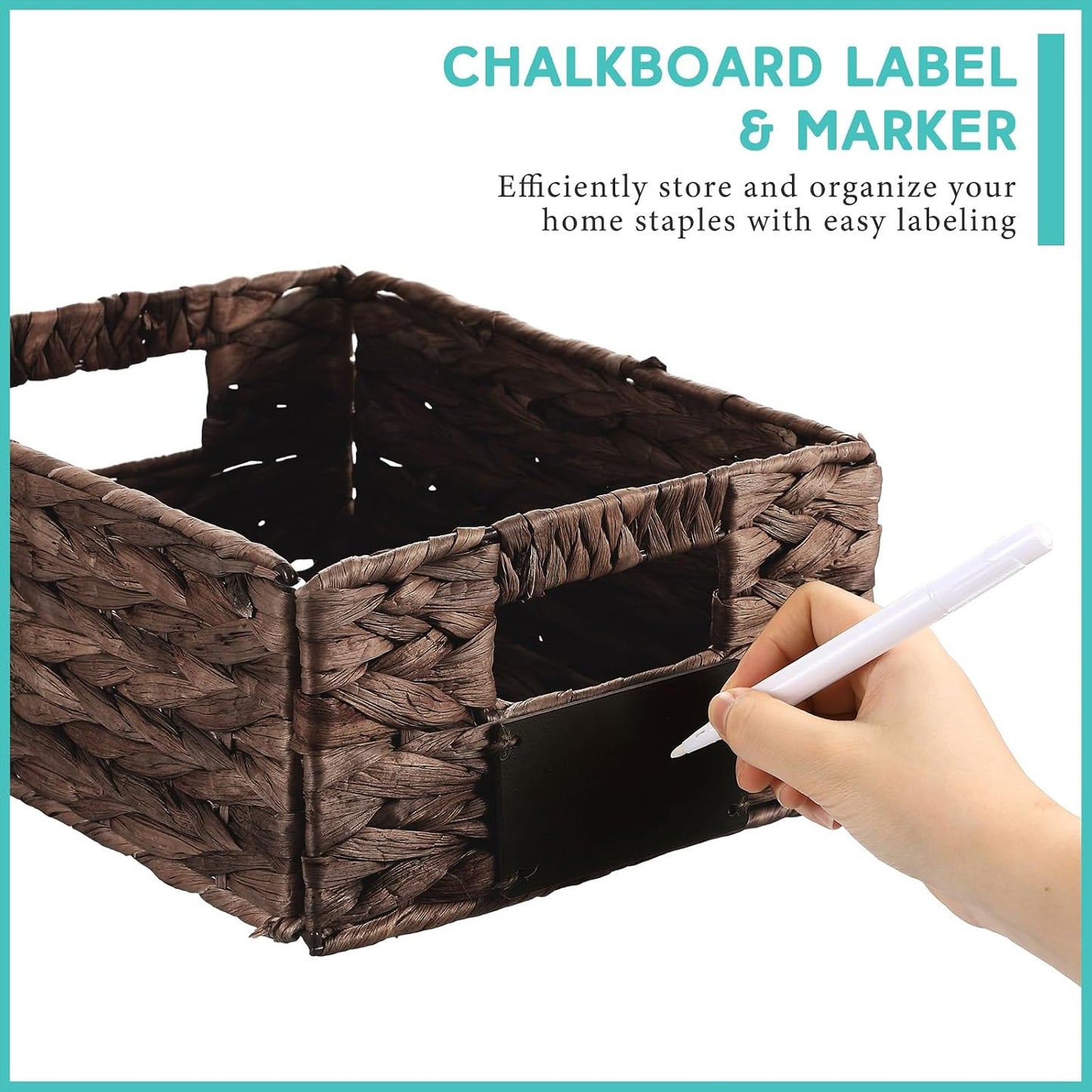 Nitial 8 Pcs Wicker Storage Basket, Rectangular Water Hyacinth Storage Basket for Shelving, Foldable Woven Pantry Organizer with Chalkboard Label and Chalk Marker (Natural,12 x 9 x 5 Inch)