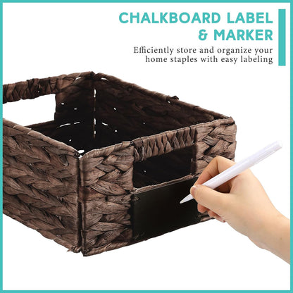 Nitial 8 Pcs Wicker Storage Basket, Rectangular Water Hyacinth Storage Basket for Shelving, Foldable Woven Pantry Organizer with Chalkboard Label and Chalk Marker (Natural,12 x 9 x 5 Inch)