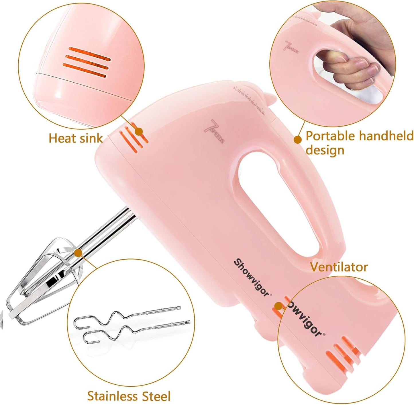 Showvigor Electric Hand Mixer with Stainless Steel Mixing Bowl Set –7 Speeds Turbo-Boost Hand Mixer with Large Mixing Bowls, Measuring Cups, Spoons & Spatula for Kitchen Cakes Eggs Baking(Pink)