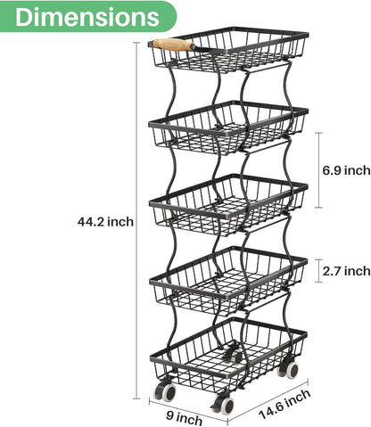 SAYZH Fruit Basket Kitchen Pantry Organizers and Storage - 4 Tier Stackable Metal Wire Basket Stand for Fruit Vegetable Snacks Jars Bins Containers Organization(Black, 4 Tiers)