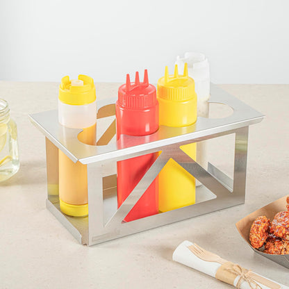 Restaurantware Stainless Steel Bottle Organizer - 1 Count - 6.299 x 7.087 x 0.394 Inches - Dishwasher-Friendly Condiment Holder - Kitchen Bottle Rack - Space-Saving Design - Silver