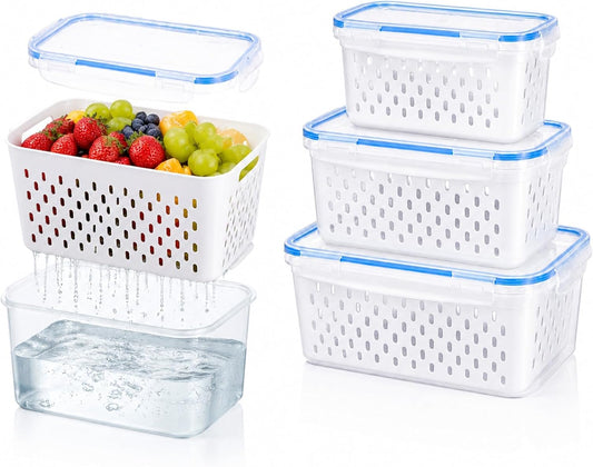 3 Pack Fruit Storage Containers for Fridge with Removable Colander and Lids