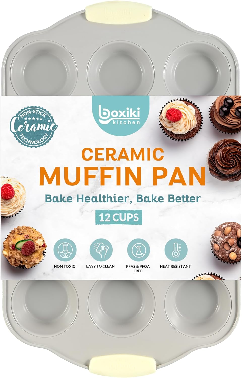 Boxiki Kitchen Non-Stick 12 Cup Silicone Muffin Pan with Steel Frame - BPA Free, Non-Toxic, Anti-Warp, Durable & Easy to Pop Silicone Muffin Tin - Perfect Cupcake Pan