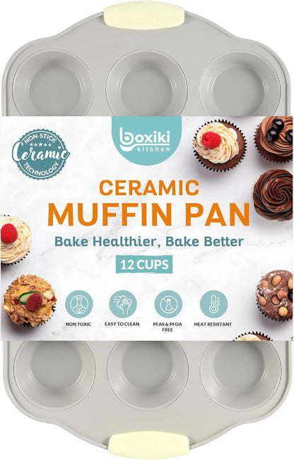 Boxiki Kitchen Non-Stick 12 Cup Silicone Muffin Pan with Steel Frame - BPA Free, Non-Toxic, Anti-Warp, Durable & Easy to Pop Silicone Muffin Tin - Perfect Cupcake Pan