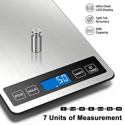 Fuzion Food Scale, 22lb/0.1oz Digital Kitchen Scale - 7 Units, Tare & PCS