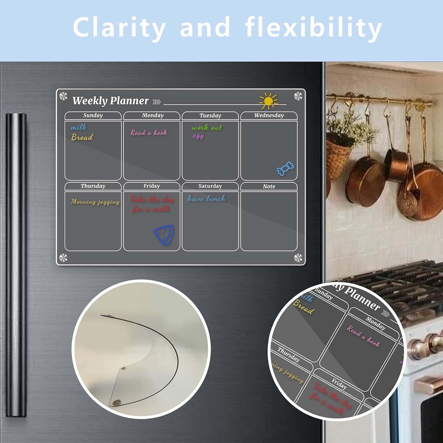 4Pcs Fridge Calendar Set, Clear Magnetic Dry Erase Daily, Weekly, Monthly Planners & Menu Board, w/ 2 Packs of 8 Markers