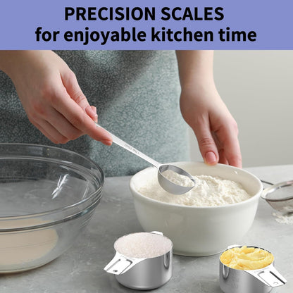 Stainless Steel Measuring Cups and Spoons Set, 6 Stainless Steel Measuring Cups, 7 Measuring Spoons & 1 Leveler, 3 Plastic Measuring Cup with 1 Measuring Conversion Chart