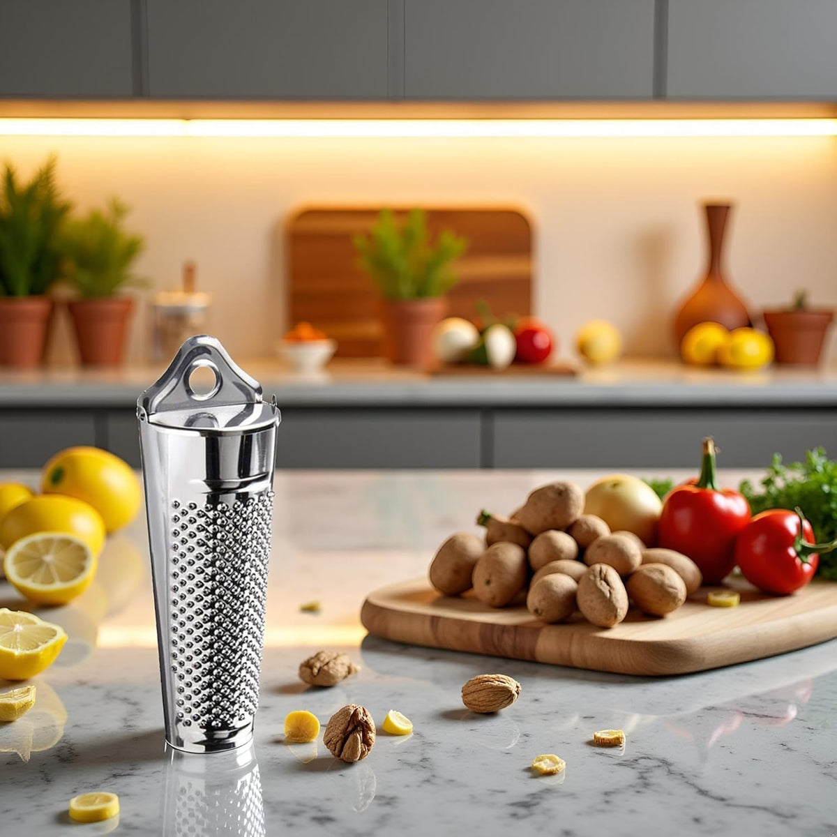 Nutmeg Grater, Stainless Steel Ginger Garlic Hand Held Nutmeg Grinder with Container Planer Lemon Zester Tool for Kitchen Cheese Citrus Fruits Garlic Nut