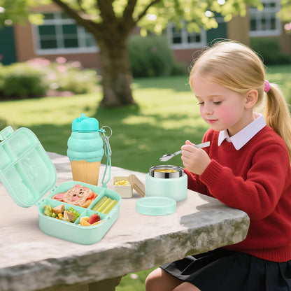 Aimsnk Magical Dinosaur Kids Lunch Box Set -12oz Insulated Food Jar, Leakproof Lunch Food Containers Cutlery, Leak-Proof Sauce Cup & Spoon, Gradient Green+Jar Green