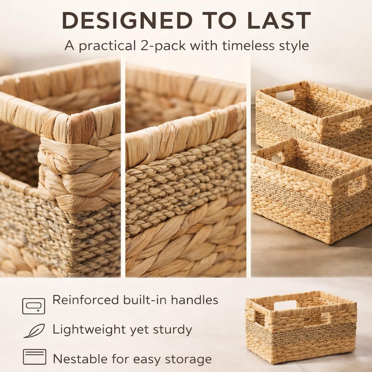 Water Hyacinth Baskets, Wicker Storage Baskets with Built-In Handles, Handwoven Natural Fiber Storage Basket Set of 2 for Shelves, Pantry, Bathroom & Closet Organization