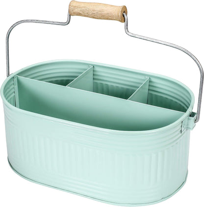 Alpha Living Home Galvanized Metal Utensil Caddy - Rustic Farmhouse Organizer Metal Garden Caddy with 4 Compartments and Wooden Handle for Kitchen, Buffet & Outdoor Events (Silver)