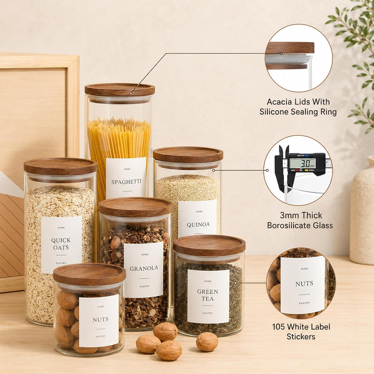 2 Pack Glass Rice Containers with Acacia Wood Lids, 70oz Airtight Flour and Sugar Jars with 105 Labels, Large Glass Pantry Storage Jars for Cereal, Protein Powder, Cookies, Dry Food