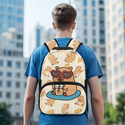 Cute Capybara Pizza Backpack for Girls, 5 Pcs Boys School Bag Set for Kids, 17 Inch Backpacks Lunch Pencil Box Reusable Utensils Case Set for Middle Elementary School, 3rd Grade Backpack