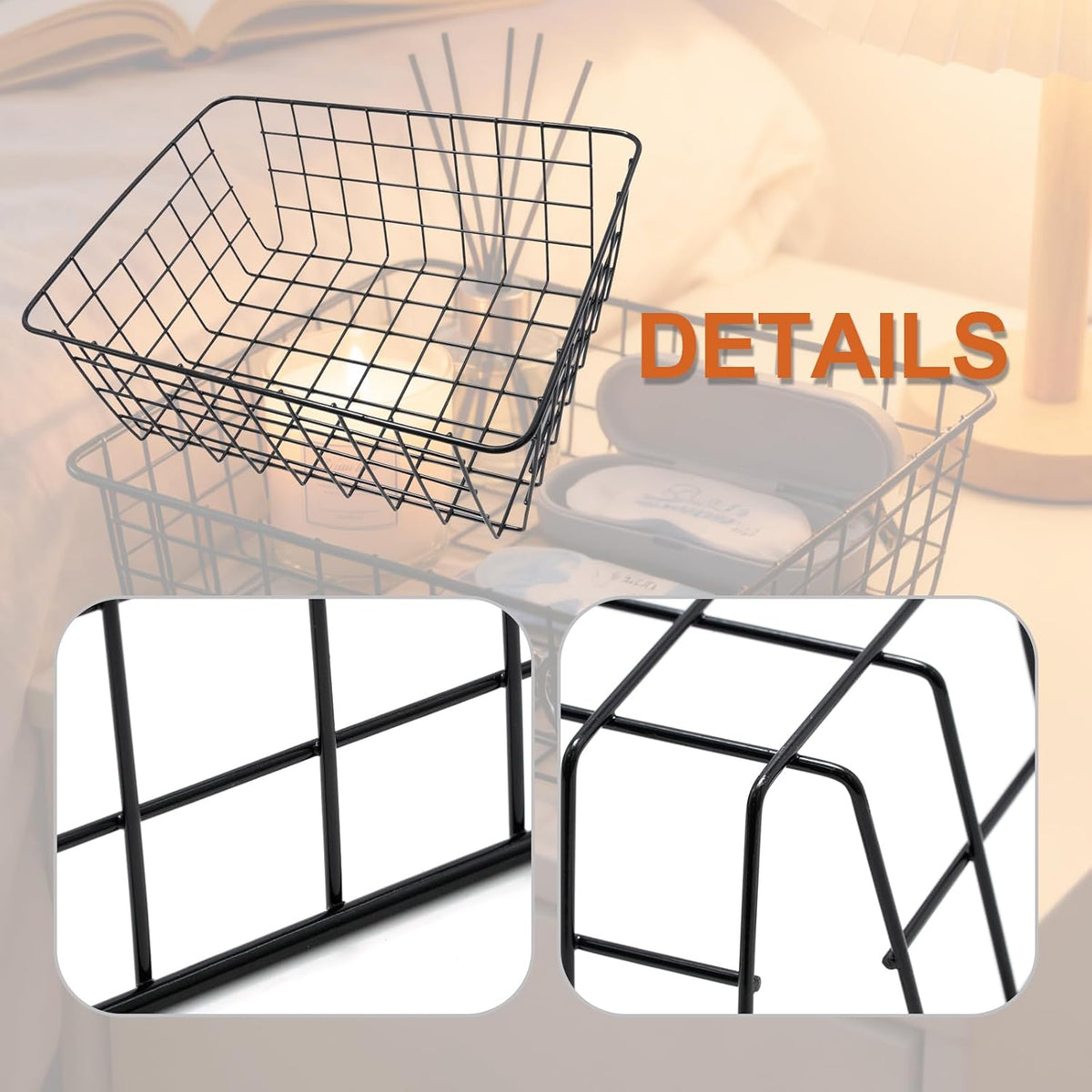 2Pcs Black Wire Kitchen Storage Baskets, Pantry Organization Accessories Basket, Stackable Metal Mesh Organizer with Handles, Multi-Purpose Basket for Fruits Bathroom Kitchen
