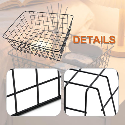 2Pcs Black Wire Kitchen Storage Baskets, Pantry Organization Accessories Basket, Stackable Metal Mesh Organizer with Handles, Multi-Purpose Basket for Fruits Bathroom Kitchen