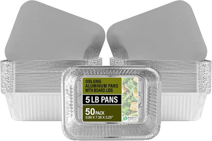 PARTY BARGAINS 4 lb Aluminum Pans with Board Lids, 50 Pack – 12 x 8 in Disposable Foil Roasting & Steam Table Pans for Catering, Takeout, Meal Prep, Oven Safe up to 240°C