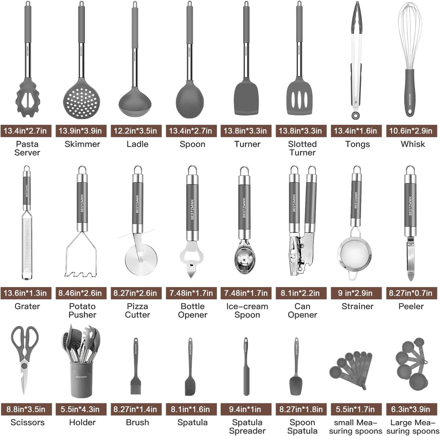 Kitchen Utensils Set-Silicone Cooking Utensils-33pcs Non-Stick Silicone Cooking Kitchen Utensils Spatula Set with Holder-Best Kitchen Cookware with Stainless Steel Handle (Khaki)