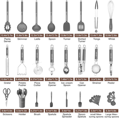 Kitchen Utensils Set-Silicone Cooking Utensils-33pcs Non-Stick Silicone Cooking Kitchen Utensils Spatula Set with Holder-Best Kitchen Cookware with Stainless Steel Handle (Khaki)
