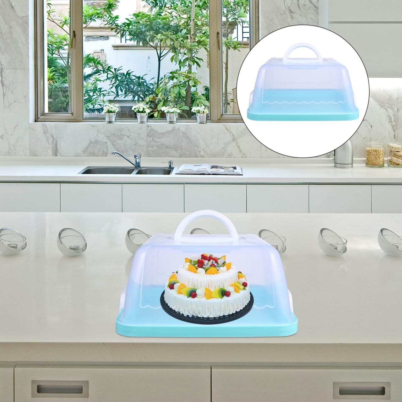 Square Cake Carrier Cover Portable Cake Carrier Cake Storage Box Handle Blue 8 Inch