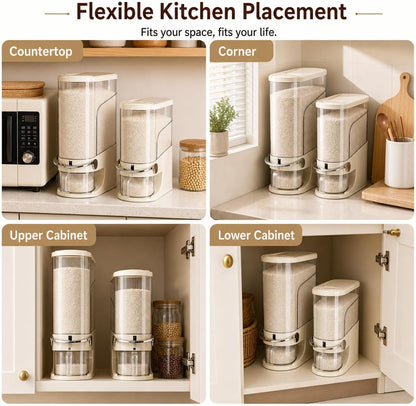 Rice Dispenser 11 Lb, Slim Rice Storage Container with Double Sealing Strip, Press to Dispense Cereal Container Airtight for Kitchen Pantry Organization, (Ivory White-11lb)