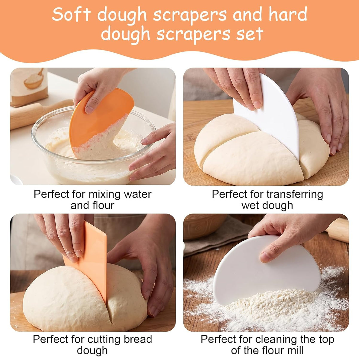 4PCS Bowl Scrapers for Bread Dough, Dough Scraper Silicone Set