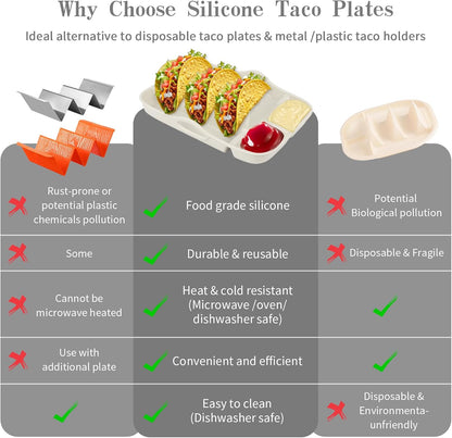 Klyrnd Silicone Taco Holder Set of 2, Reusable Taco Plate with Dividers for Hard & Soft Shells - Microwave & Dishwasher Safe Serving Stand (Grey Beige)