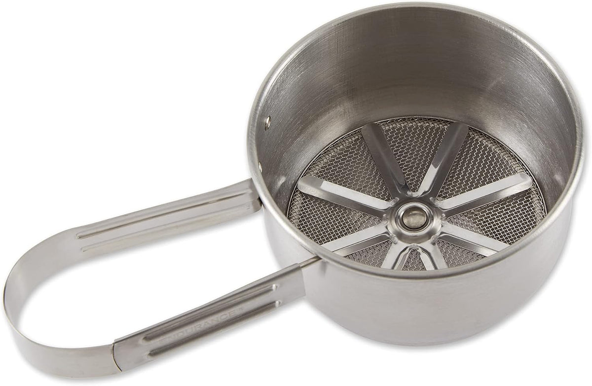 RSVP International Endurance® Stainless Steel Vintage One-Hand Sifter, 1 Cup | Top Cakes, Sift Flour, Marinade BBQ & More | Dishwasher Safe | Powder Sugar, Sift Flour, Spread Toppings & More