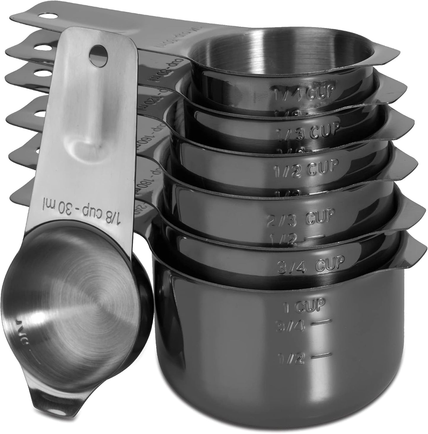 13-piece Measuring Cups and Spoons Set, 18/8 Stainless Steel Heavy Duty Ergonomic Handle with Ring Connector, Silver